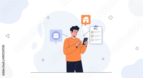 Man using smartphone for online bill payment and home management