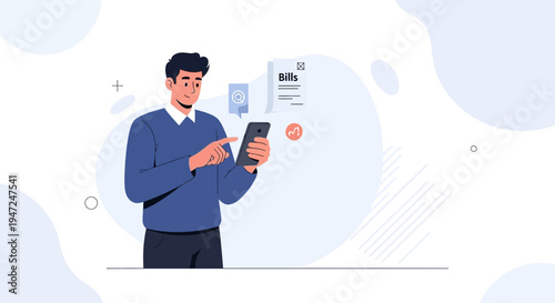Man Using Smartphone to Manage Bills and Finances Online