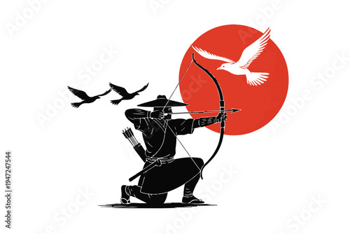 Traditional asian archer shooting arrow with bow under red sun silhouette illustration warrior aiming at birds in sky japanese style zen archery artwork isolated on transparent background