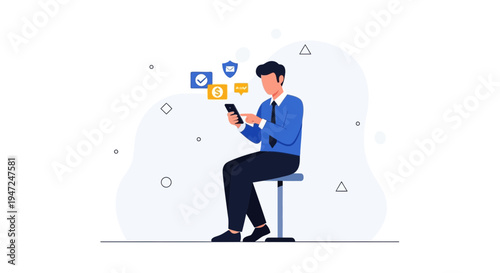 Man using smartphone with financial and security icons floating above