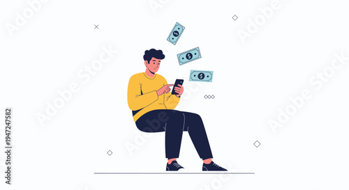 Man using smartphone with money falling, online banking, financial success concept