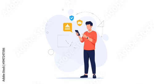 Man using smartphone with government and security icons, digital services concept