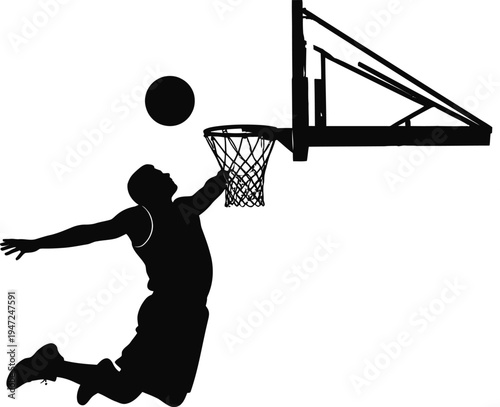 a black silhouette of a man wearing a sleeveless shirt and shorts jumping up to dunk a basketball into a basketball hoop