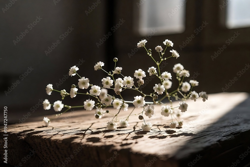Obraz premium A small arrangement of white baby's breath flowers rests on a weathered wooden surface, bathed in soft light.