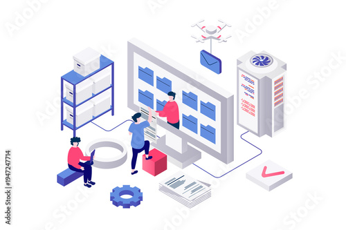 Electronic organization files 3d isometric concept in geometry graphic design for web. People managing digital documents in folders and interacting catalog at computer screen. Illustration.