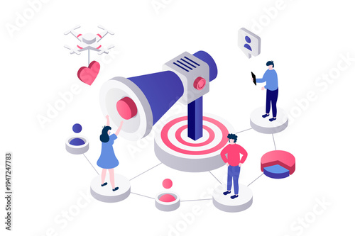Referral marketing 3d isometric concept in geometry graphic design for web. People getting friends recommends and attracting to referral customer loyalty program announcement. Illustration.