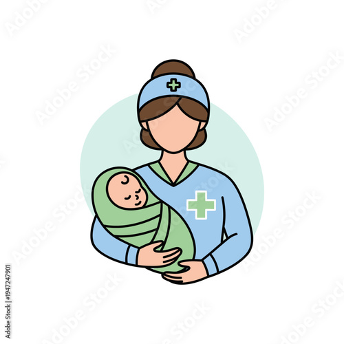 Midwife Holding Swaddled Baby in Simple Medical Illustration
