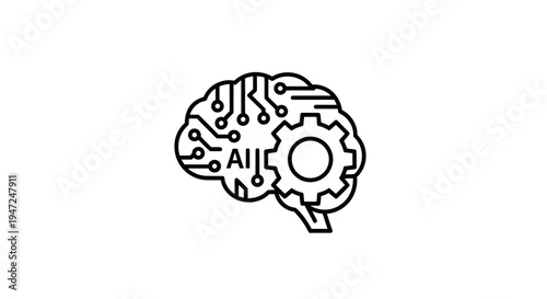 AI Brain Icon with Circuitry and Gear - Artificial Intelligence Concept