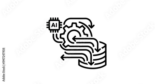 AI chip processing data into database with gears and arrows