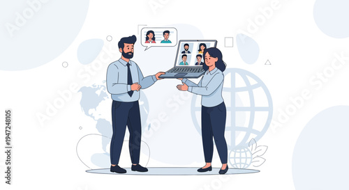 Business people collaborating on a laptop during a video conference, global connection concept