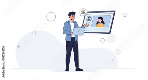 Man with laptop reviews online profiles on a digital screen, recruitment concept