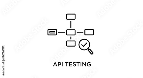 API Testing Concept: Network Diagram with Magnifying Glass and Checkmark Icon