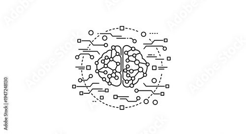 Artificial Intelligence Brain Network Icon - Digital Brain with Circuits and Nodes
