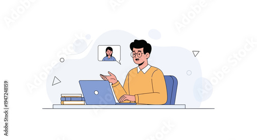 Man on Video Call with Colleague, Online Meeting, Remote Work, E-learning