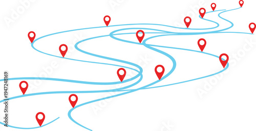 Abstract route map with location pins illustration, navigation path concept, GPS tracking direction line design isolated vector
