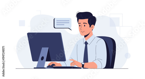 Man working on computer with chat bubble, business concept, illustration