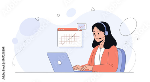 Customer service operator with headset working on laptop, analyzing charts on screen
