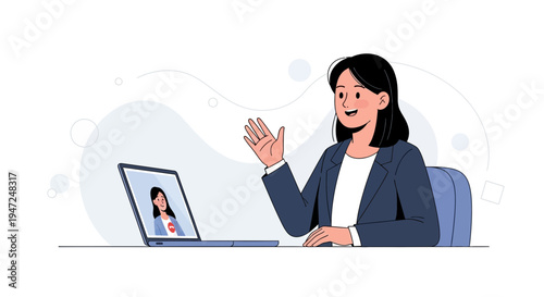 Woman waving hello on video call, online meeting, remote work, technology concept