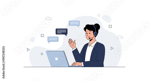 Customer service agent with headset and laptop, communication and support concept