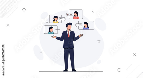 Businessman juggling online communication with remote team members in video calls