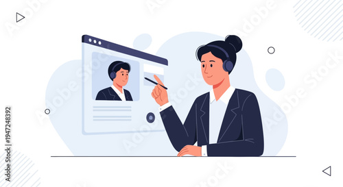 Customer service agent in video call, online support, remote work, business communication