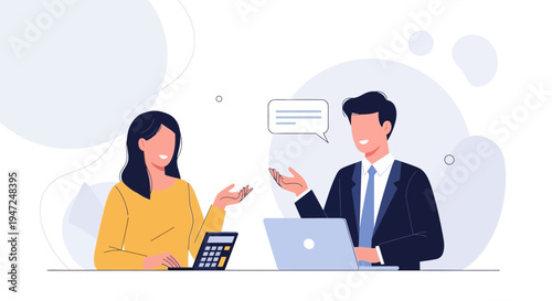 Business meeting: man and woman discussing finances with laptop and calculator