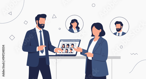 Business meeting online: colleagues discuss project via video conference on laptop