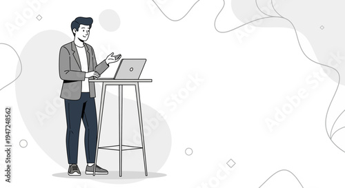 Man presenting on laptop at standing desk, modern minimalist business illustration