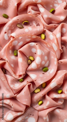 Thinly sliced mortadella with whole pistachios scattered on top