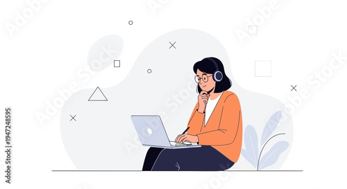 Focused woman with headphones learning on laptop, remote work, online education, modern illustration