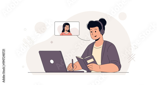 Student learning online with headphones and laptop, video call with teacher