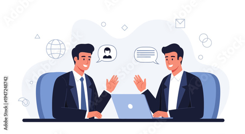 Two businessmen in a video call, discussing business with laptop and speech bubbles