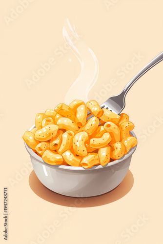 A bowl filled with macaroni and cheese sits on a flat surface. Steam rises from the hot dish. A fork rests beside the bowl. The style is colorful and cartoon-like, giving a fun feel to the food.