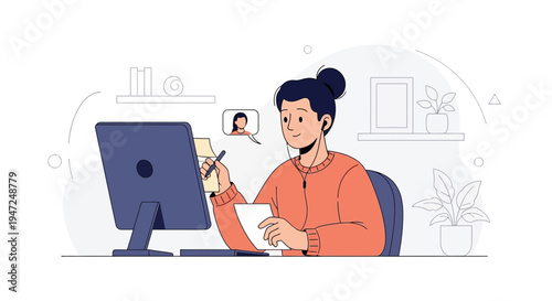 Young Woman Working Remotely, Video Call, Online Learning, Home Office Setup