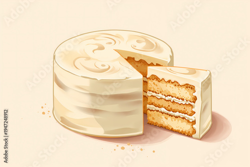 A round cake sits on a light background with a piece cut out. The cake has layers and creamy frosting on top. This dessert is perfect for celebrations or gatherings.