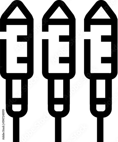 Three outline icons of pyrotechnic rockets, prepared for an explosion of light and color, symbolizing celebration, festival, and party event fireworks