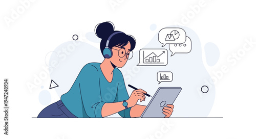 Young woman with headphones and glasses working on a tablet with charts and graphs