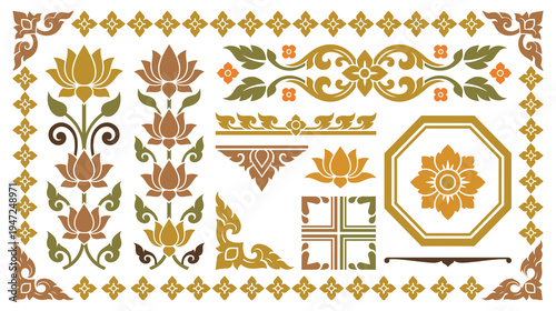 Thai artistic elements floral ornament borders frames and floral motifs