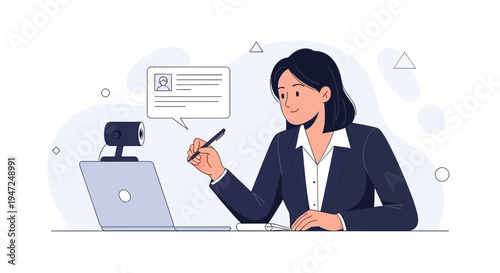 Woman in Business Meeting Online with Webcam and Laptop