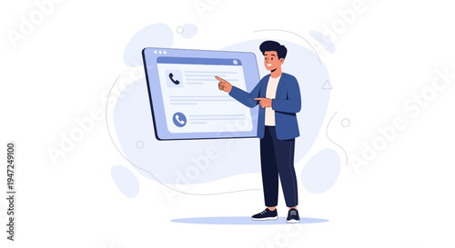 Man pointing at a digital screen showing contact information and call icons