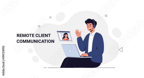 Remote Client Communication: Man on Video Call with Laptop and Headset