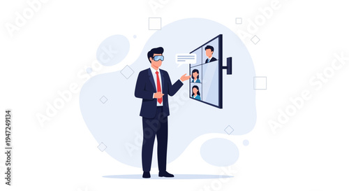 Man in VR headset interacting with virtual meeting on screen, modern business concept