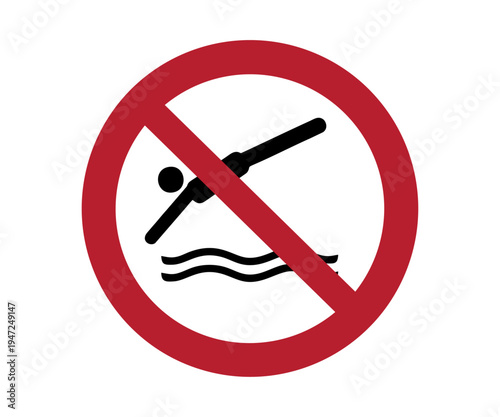 ISO 7010 P052 No diving sign. Standard prohibition symbol for pools, beaches, and restricted water areas.
