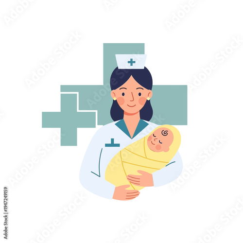 Nurse Holding Newborn Baby with Medical Cross Background
