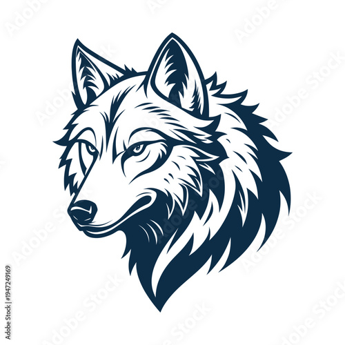 Wolf head mascot logo illustration in dark blue on white background
