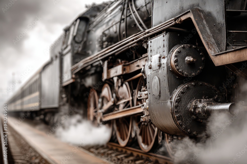 Obraz premium An impressive vintage steam locomotive with passenger cars, showcasing powerful machinery and classic design, billowing steam on the tracks with dramatic effect.