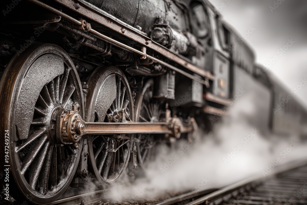 Fototapeta premium An antique steam engine billowing smoke in vintage, selective focus with close-up view of the majestic wheels and railroad tracks disappearing in the mist.
