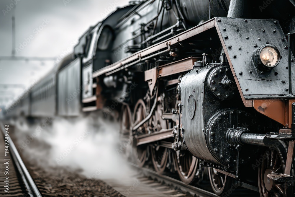 Fototapeta premium Vintage steam locomotive chugging along the tracks, emitting steam and creating a nostalgic scene, showcasing the elegance of a bygone era of railway travel.