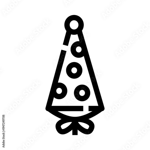 Party hat with polka dots and a bow, minimal black and white outline of a festive conical party accessory for birthdays, anniversaries and joyful celebrations