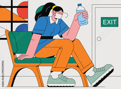 Young Woman Wearing Face Mask Sitting In Waiting Room Holding Water Bottle Near Exit Door
